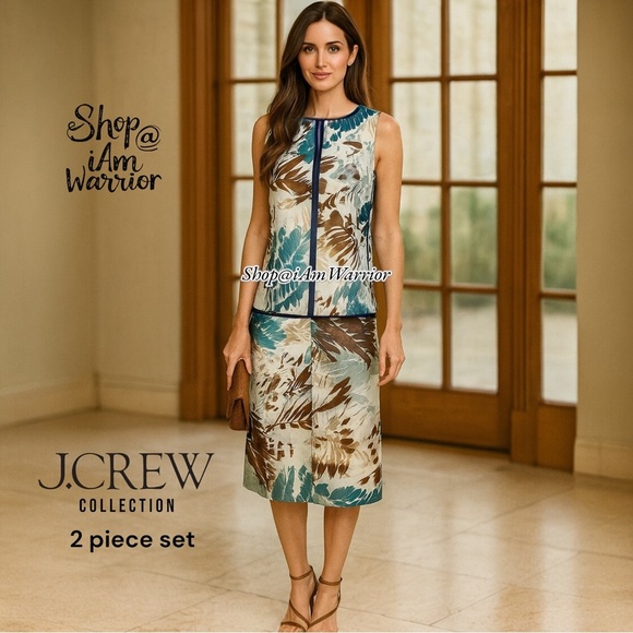 J.Crew Collection rare 2pc silk blend abstract foliage print top+midi skirt - Picture 1 of 16